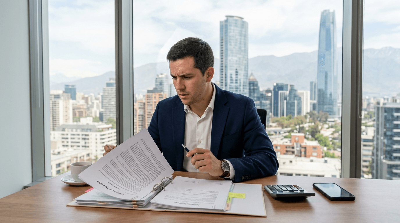 Novice investor looking confused or making a mistake while reviewing real estate documents, with Chilean city skyline in the background.