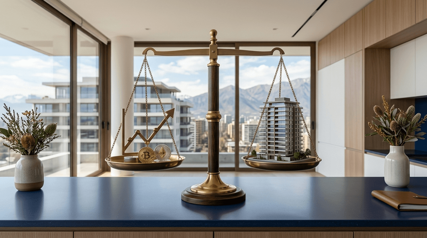 Scales balancing real estate (apartment building) against digital investments (crypto coin, stock chart) in a Chilean context.
