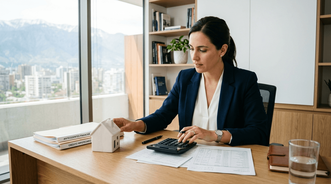 Person reviewing financial documents with a calculator and a small house icon, symbolizing mortgage eligibility and financial planning.