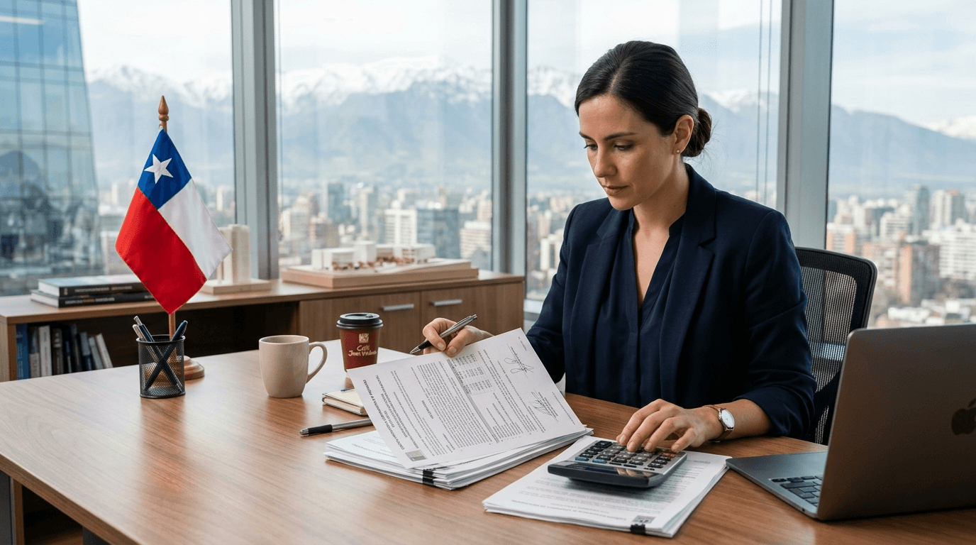 A professional image depicting a person reviewing mortgage documents with a calculator and a subtle Chilean flag in the background, symbolizing financial planning for real estate investment in Chile.