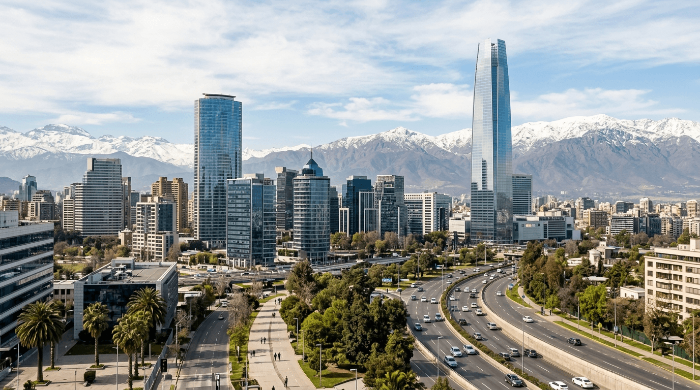 Modern cityscape of Santiago, Chile, with overlaid financial charts and upward arrows, symbolizing growth and investment opportunities.