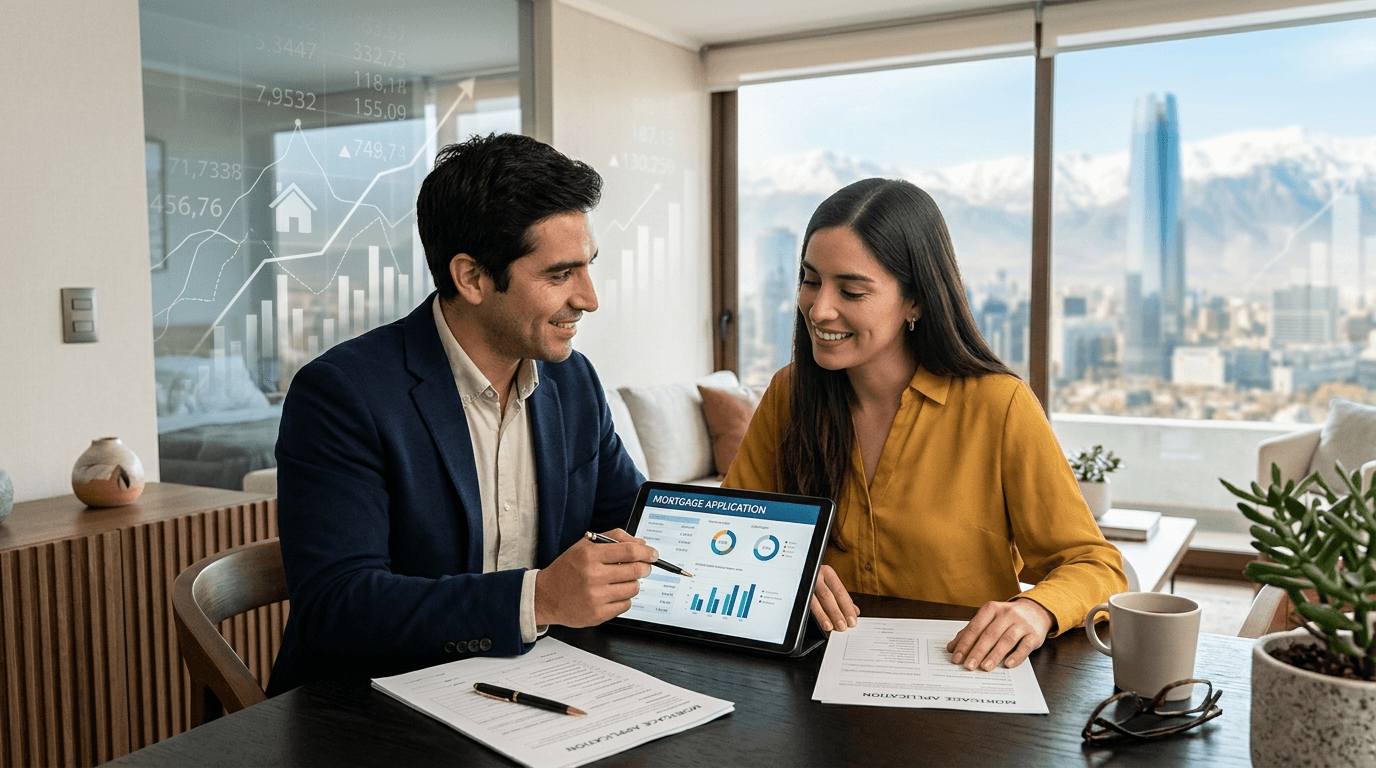 A professional, modern image depicting a person (could be a couple or individual) reviewing financial documents or a mortgage application on a tablet, with a stylized graph or numbers in the background, subtly indicating real estate or investment. Focus on clarity, trust, and a bright, optimistic feel, with Chilean elements if possible (e.g., subtle Chilean flag colors, Santiago skyline in background blur).