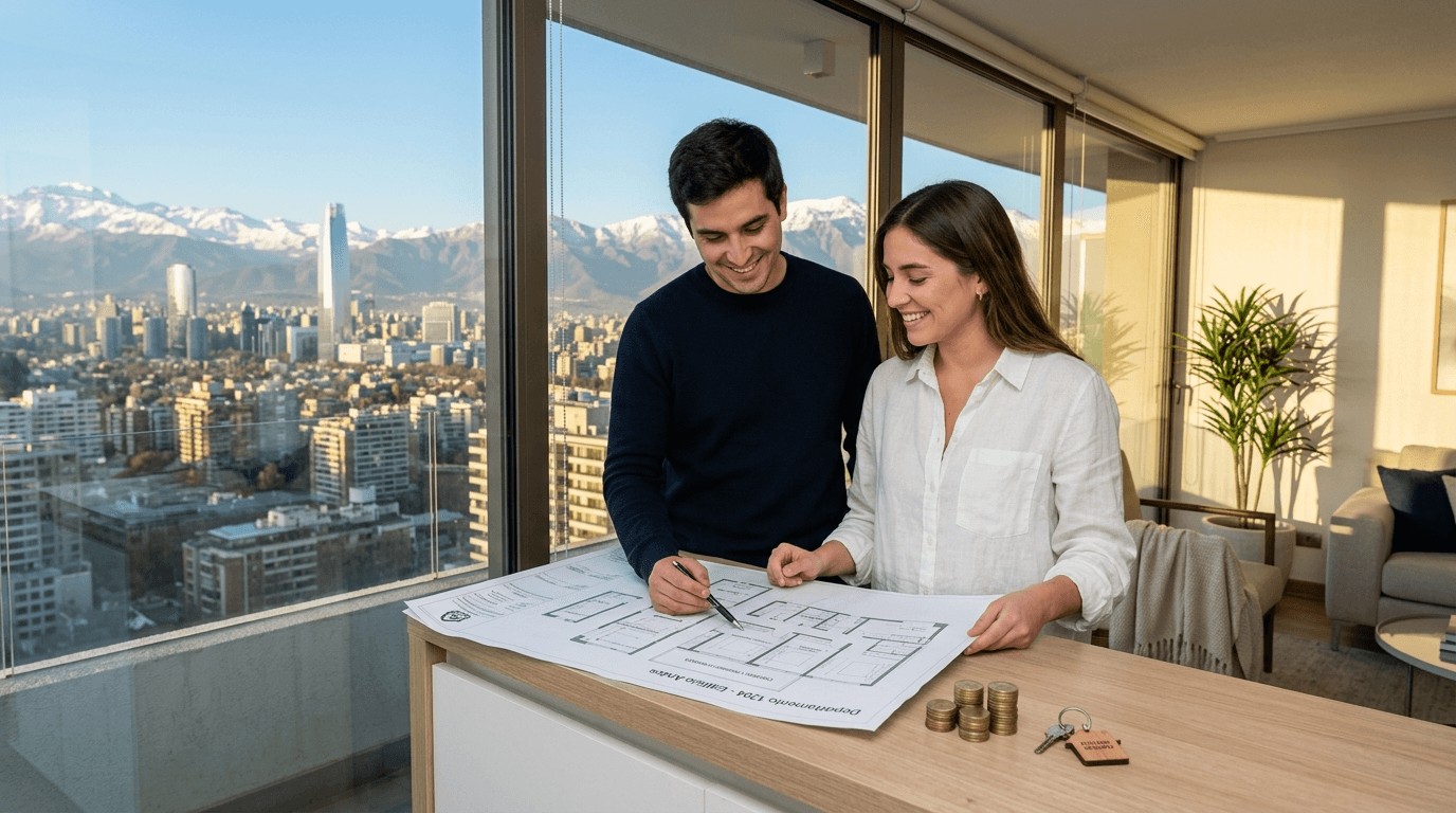 Persona joven o pareja mirando un plano de departamento con vista al skyline de Santiago, símbolos de ahorro y futuro seguro.