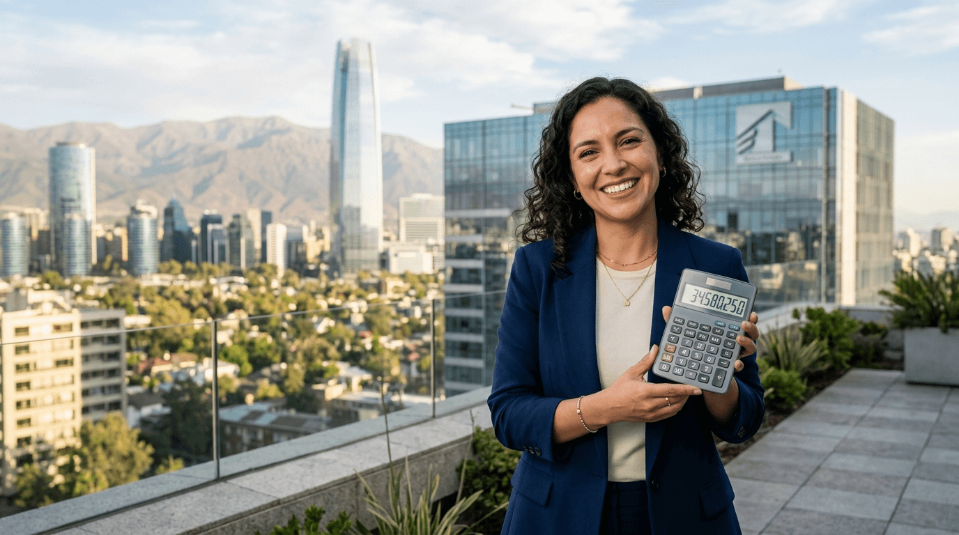 A person happily holding a calculator with a significant savings amount displayed, superimposed over a stylized Chilean city skyline and a bank building, symbolizing financial freedom and smart mortgage decisions. The image should convey professionalism and optimism.