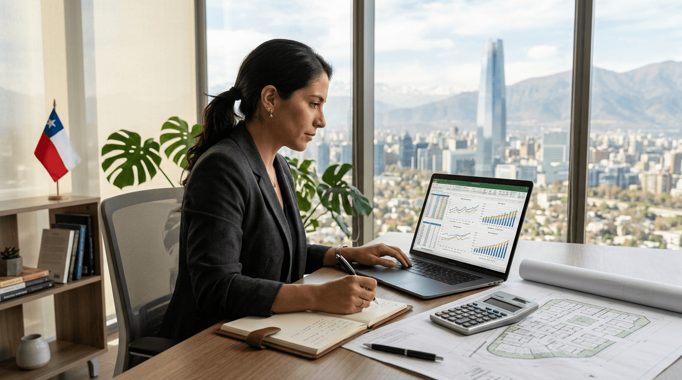 A person at a desk, focused on a laptop displaying financial charts and graphs related to real estate investment returns, with a calculator, a pen, and a blueprint on the table. The scene should convey financial analysis, profitability, and smart investment decisions in a modern, clean style, with a subtle Chilean flag or Santiago skyline in the background.
