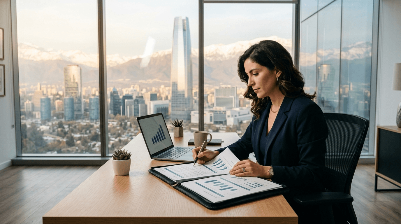 Profesional chileno revisando documentos hipotecarios con vista al skyline de Santiago