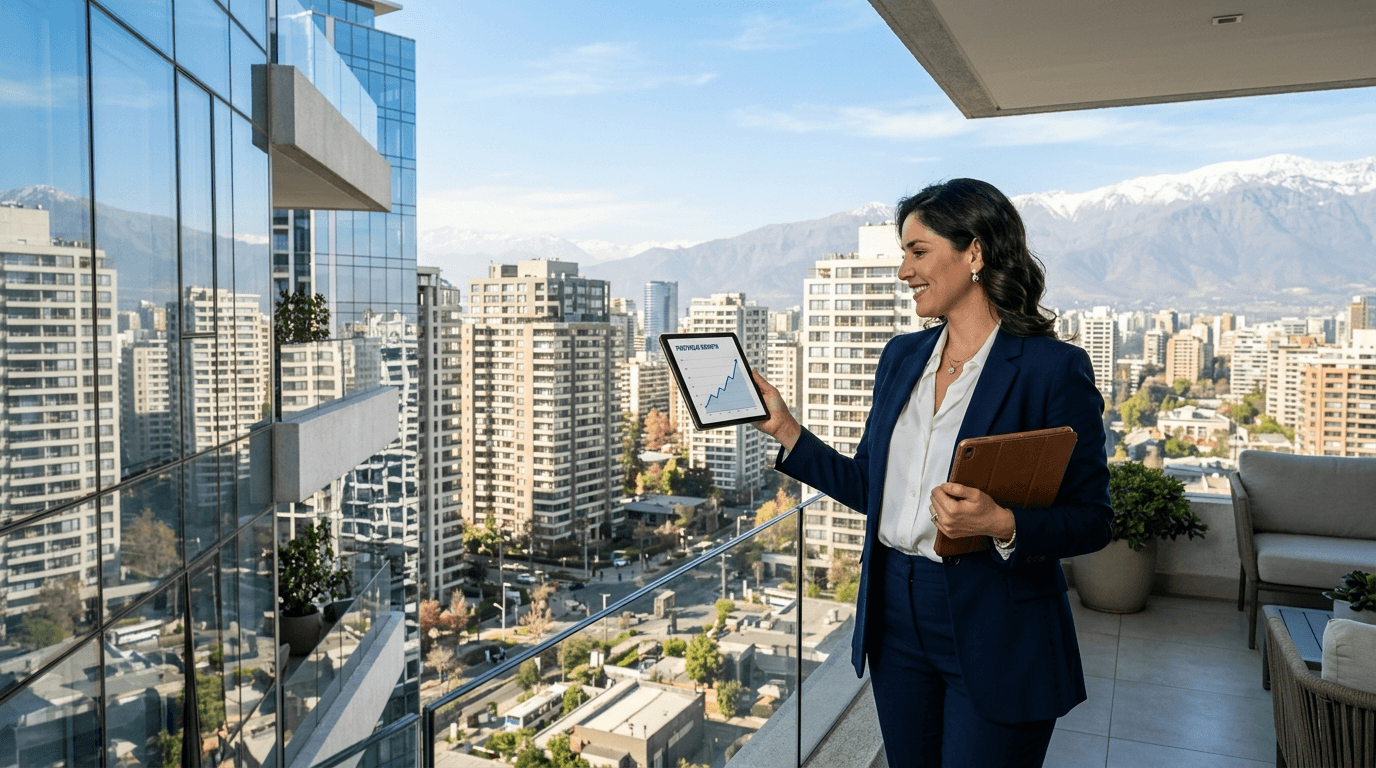 Modern Chilean cityscape with new apartment buildings, a person (investor) looking confidently at a chart showing upward trend, sun shining, symbolizing opportunity and growth.