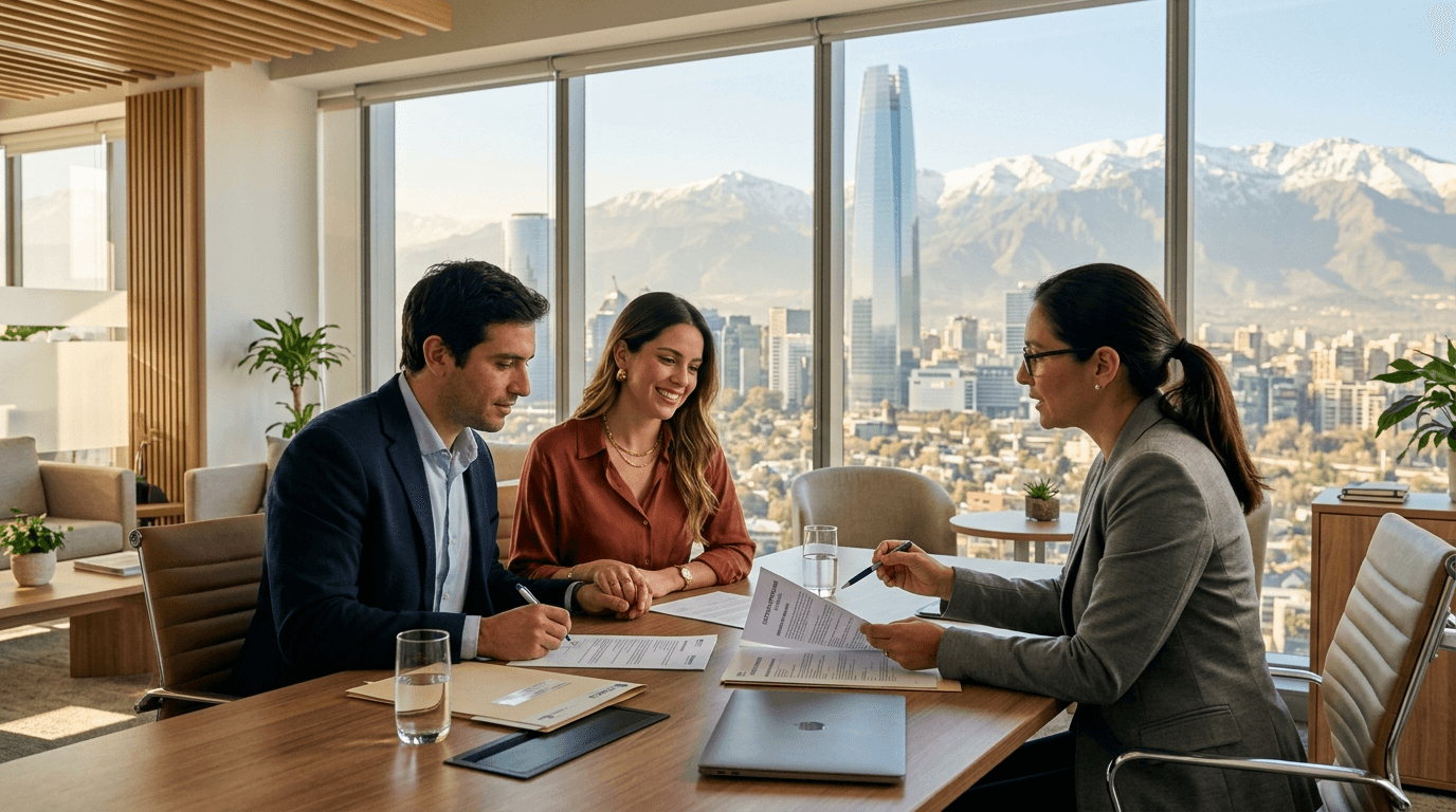 A professional Chilean couple reviewing mortgage documents with a financial advisor in a modern, bright office, with the Santiago skyline visible through a large window. Focus on clarity, trust, and future planning.