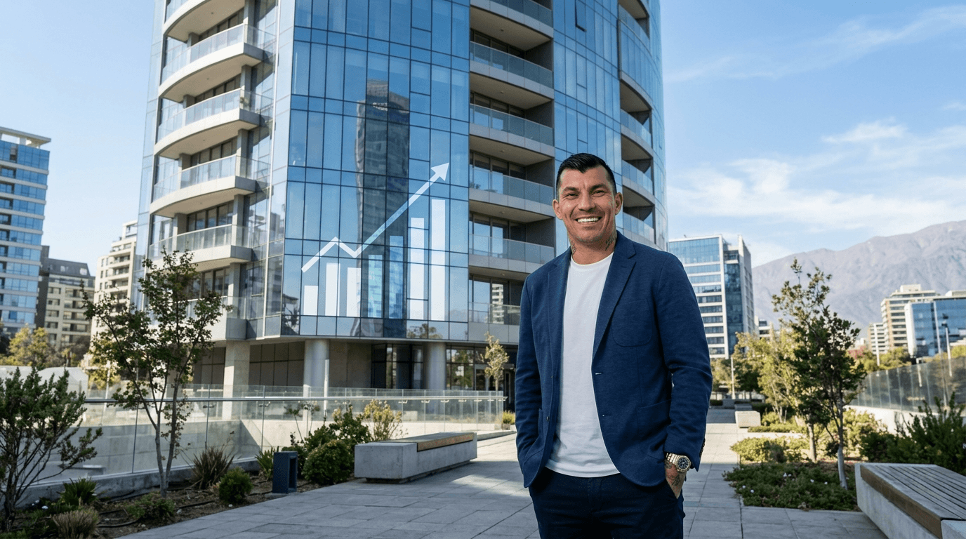 Gary Medel sonriendo frente a un edificio moderno en Chile, con gráficos de crecimiento inmobiliario en el fondo.