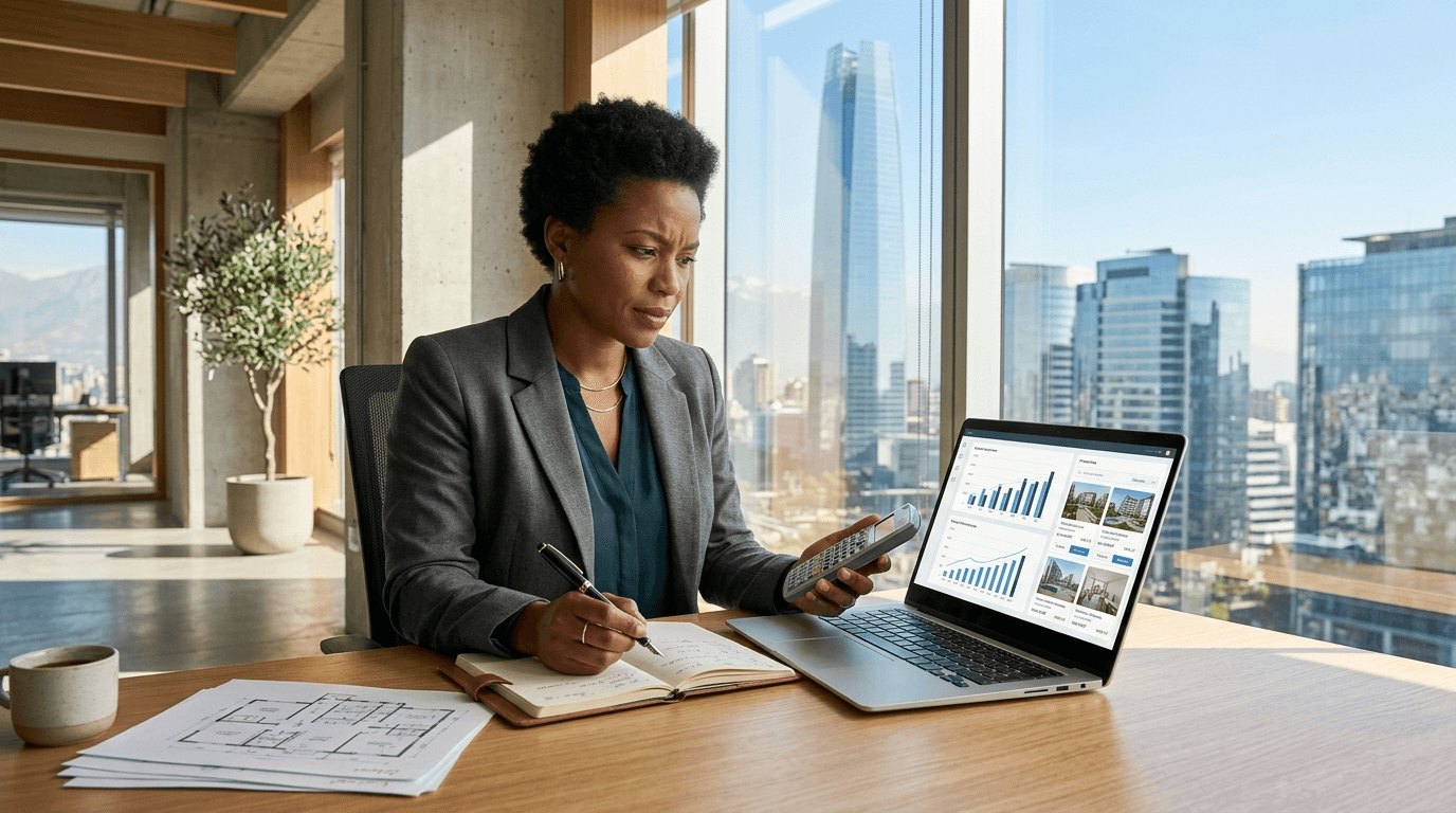 A diverse person (male or female) in a modern office setting in Santiago, Chile, looking at a laptop with financial charts and property listings. They are holding a calculator and a pen, appearing focused on analyzing real estate investment numbers. A cityscape with modern buildings is visible in the background through a large window, conveying a sense of strategic planning and urban investment.