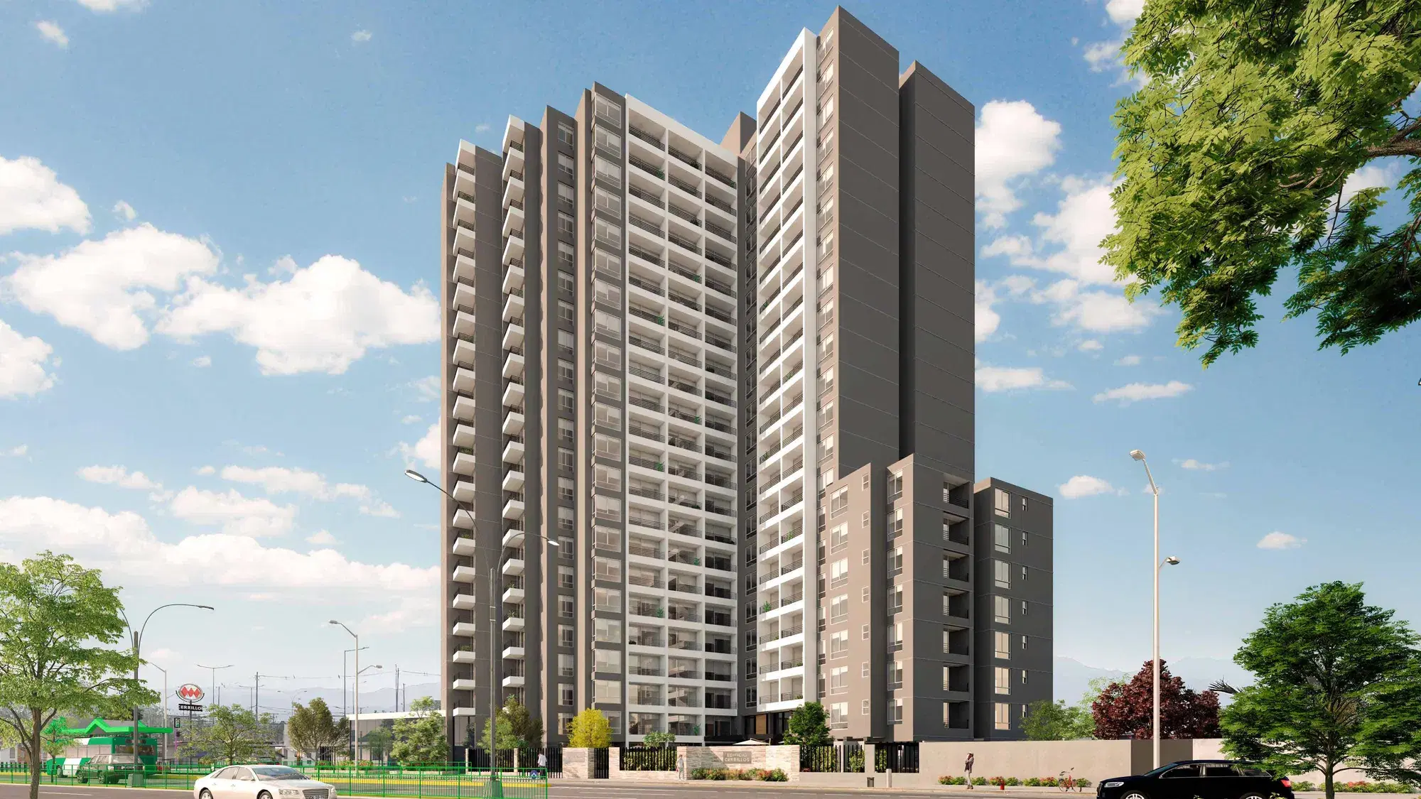 Render de las torres del proyecto Eco Cerrillos con cielo azul