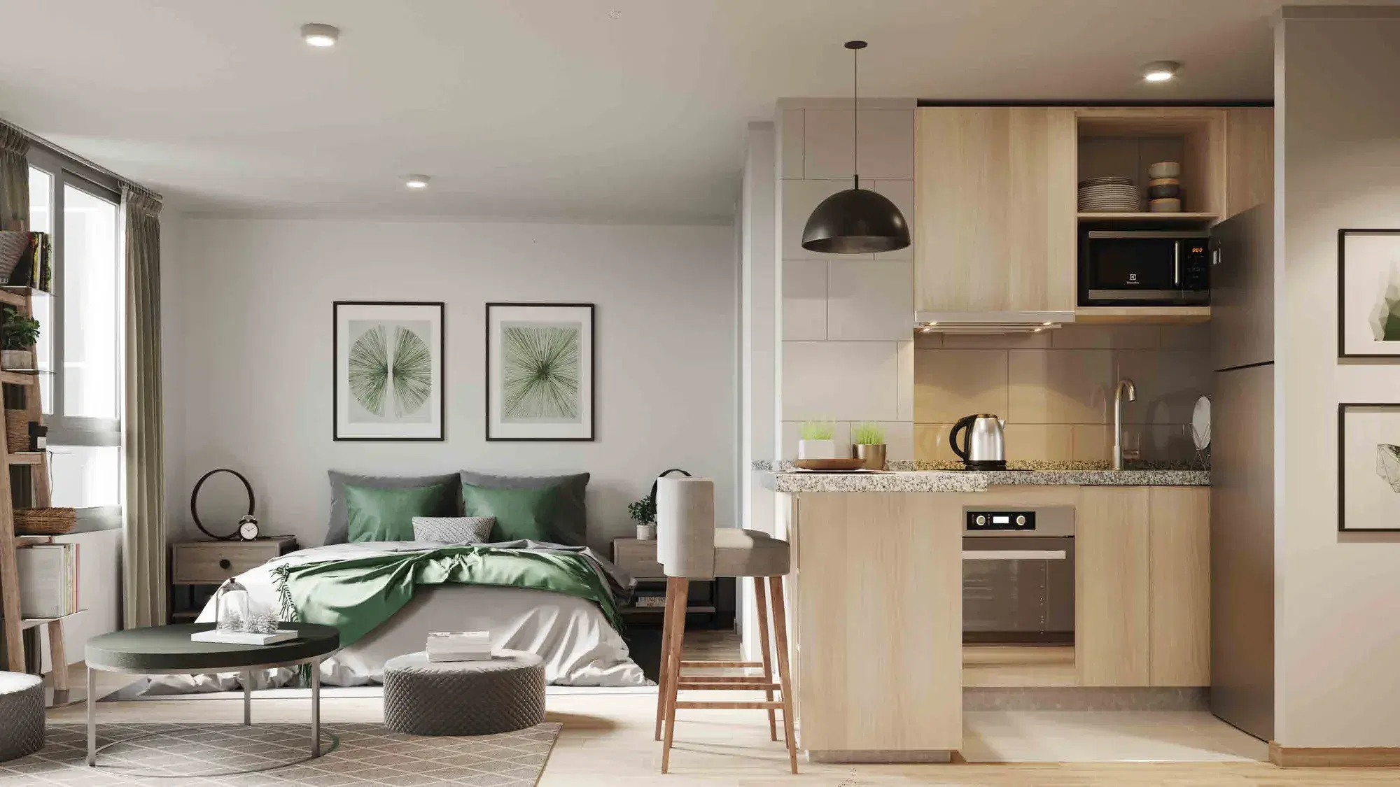 Render del interior de un departamento de Eco Estación con cocina abierta