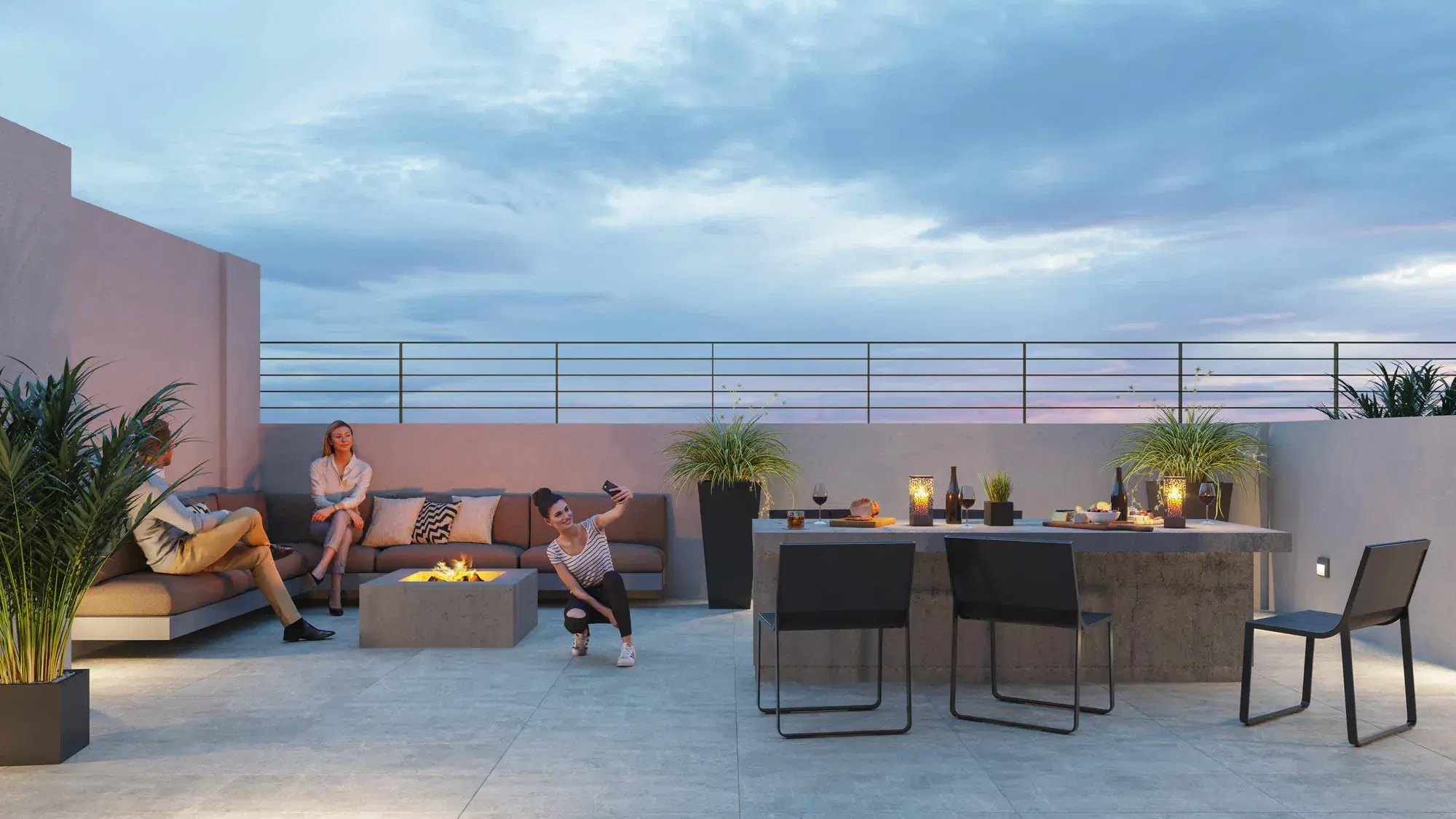 Render de la terraza común de Eco Estación al atardecer