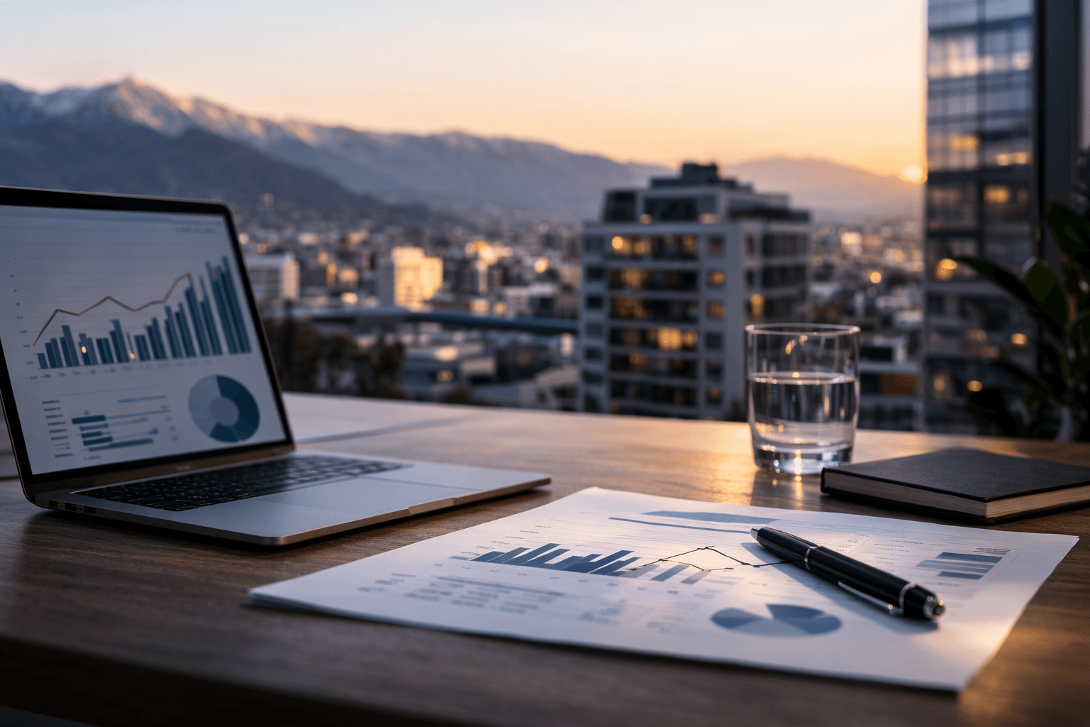 Edificios modernos de departamentos en Santiago Chile con vista a la cordillera de los Andes al amanecer