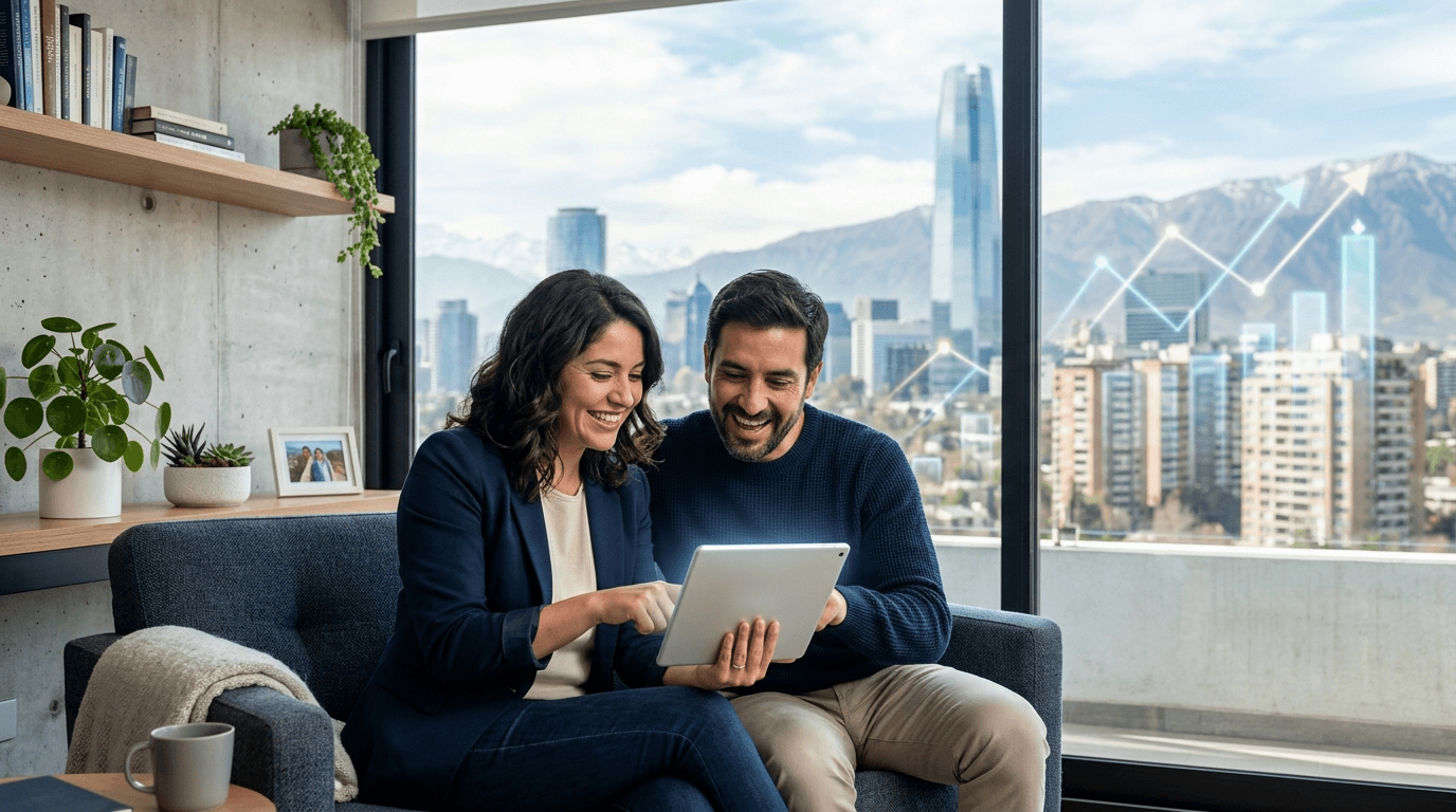 Modern Chilean couple looking at a tablet, smiling, with a stylized Santiago skyline and growing financial charts in the background, conveying successful real estate investment.