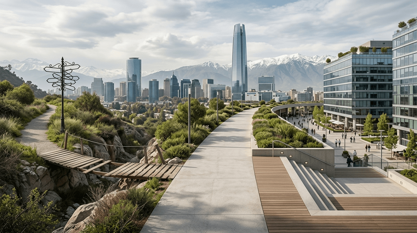 An illustration depicting a path with common pitfalls (e.g., a broken bridge, a financial pitfall, a confusing sign) and a clear, successful path for an investor, set against a Chilean urban backdrop.