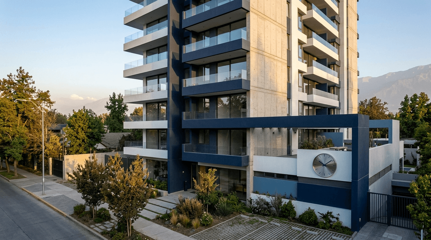 Modern Chilean apartment building with financial graphs and a clock, symbolizing urgent investment opportunity.