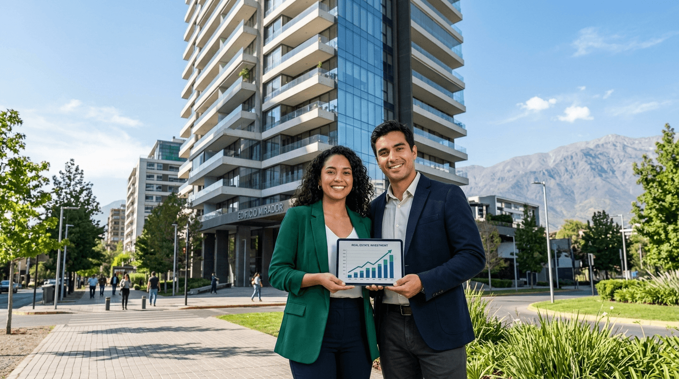 A young, diverse couple smiling confidently in front of a modern, high-rise apartment building in a vibrant Chilean city (e.g., Santiago), holding a tablet displaying financial growth charts, symbolizing smart real estate investment for beginners.