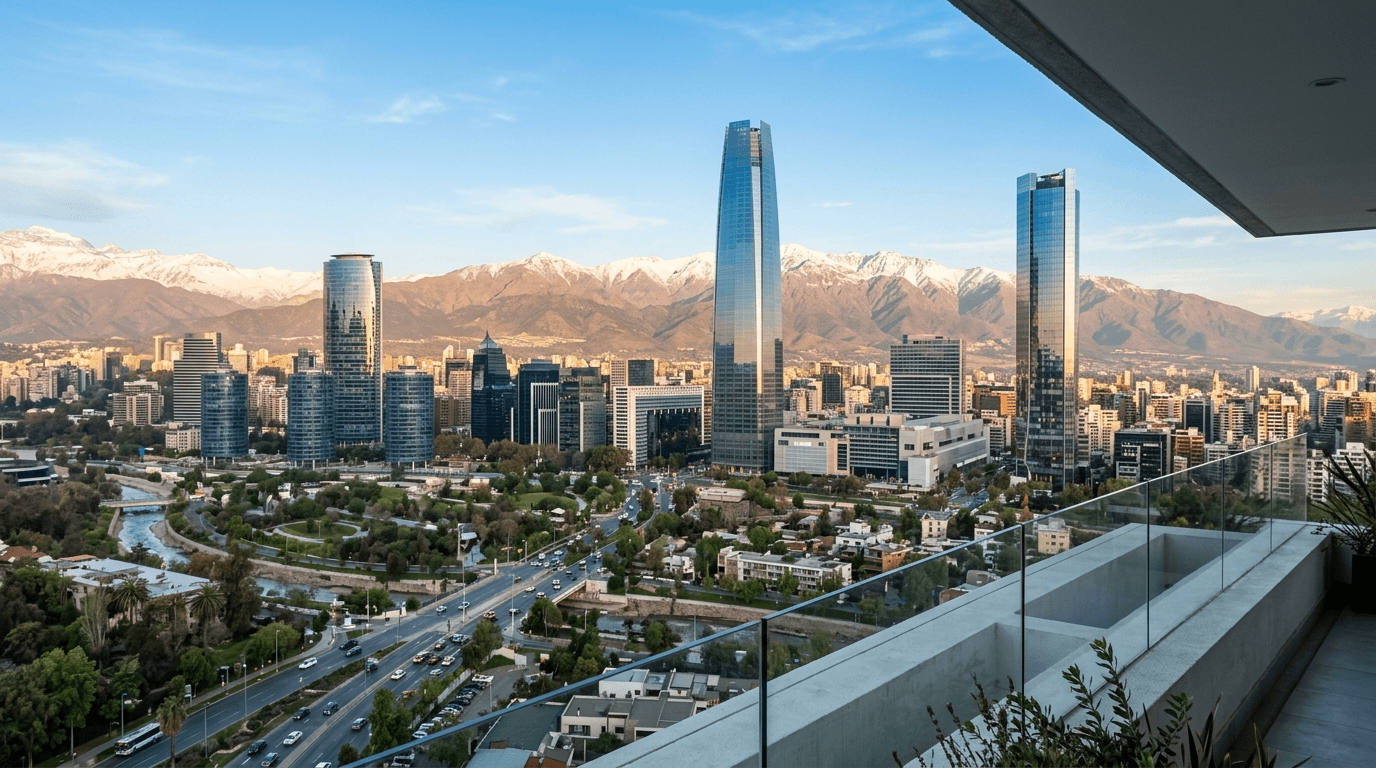 Chilean city skyline with financial charts overlayed, showing upward trends and growth, representing real estate investment and profitability.