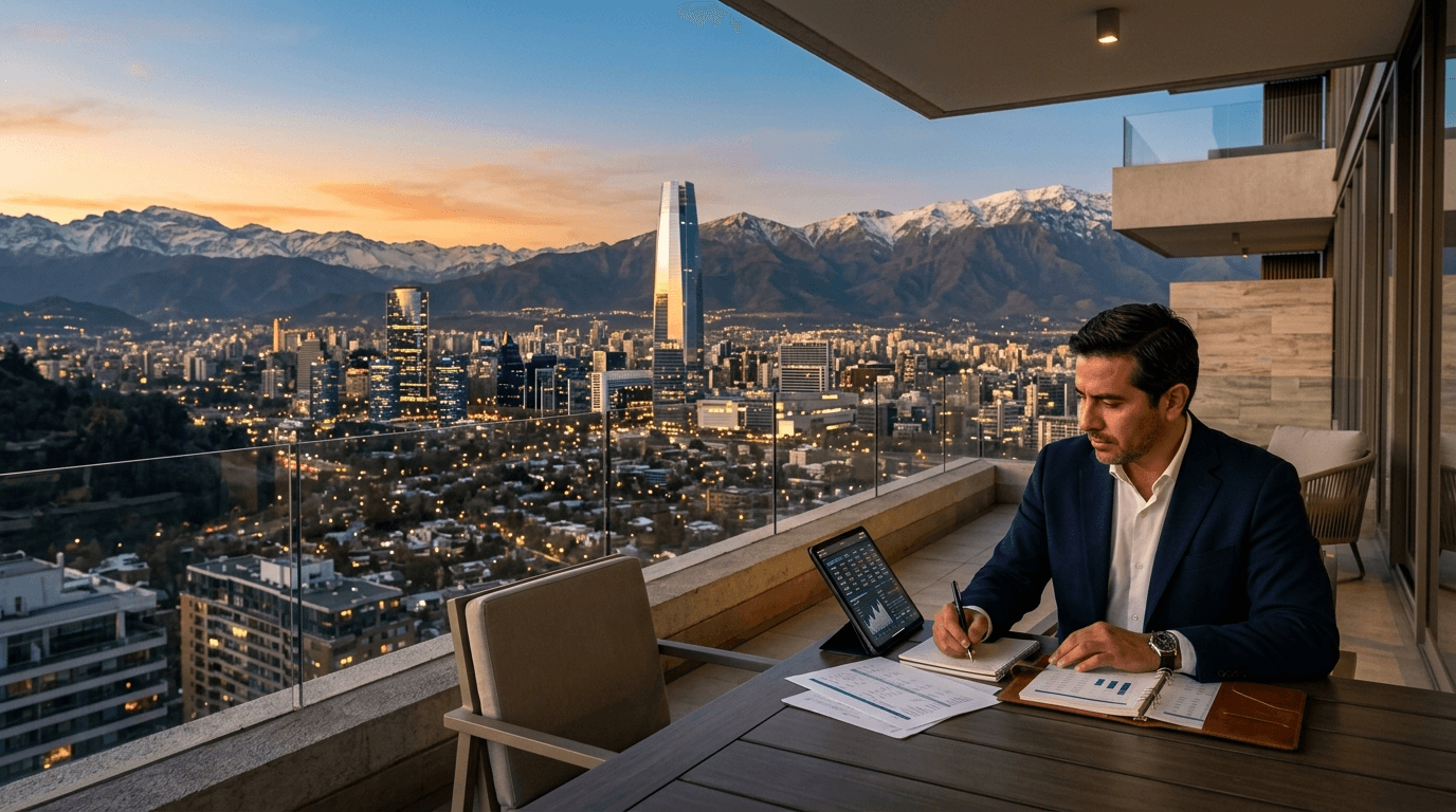 Skyline de Santiago al atardecer, con gráficos de crecimiento inmobiliario superpuestos y un inversionista analizando números.
