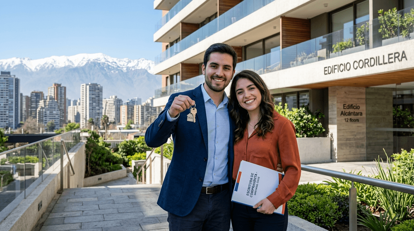 A young Chilean couple smiling confidently in front of a modern apartment building in Santiago, Chile, with city skyline in the background, holding keys or a contract, symbolizing successful first real estate investment.