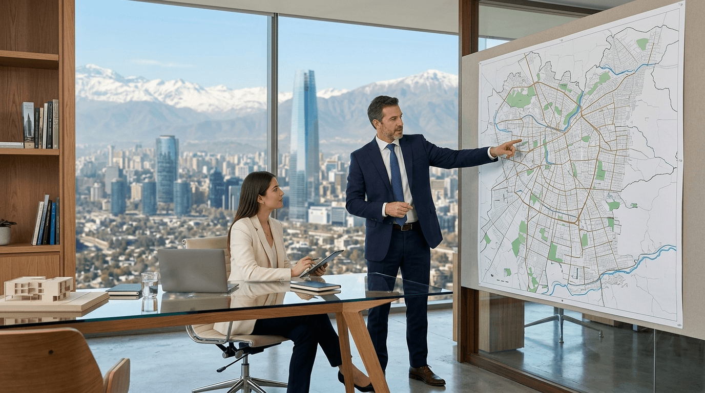 Profesional inmobiliario asesorando a cliente frente a un mapa de propiedades o un gráfico de inversión, con un fondo moderno de Santiago.