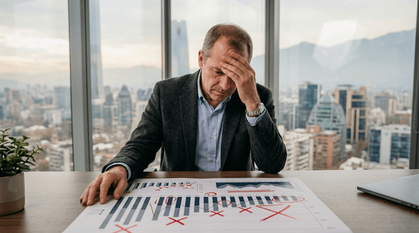 A person looking frustrated at a complex real estate contract or a financial chart with many red marks, symbolizing common investment mistakes. The background includes a subtle Chilean cityscape.