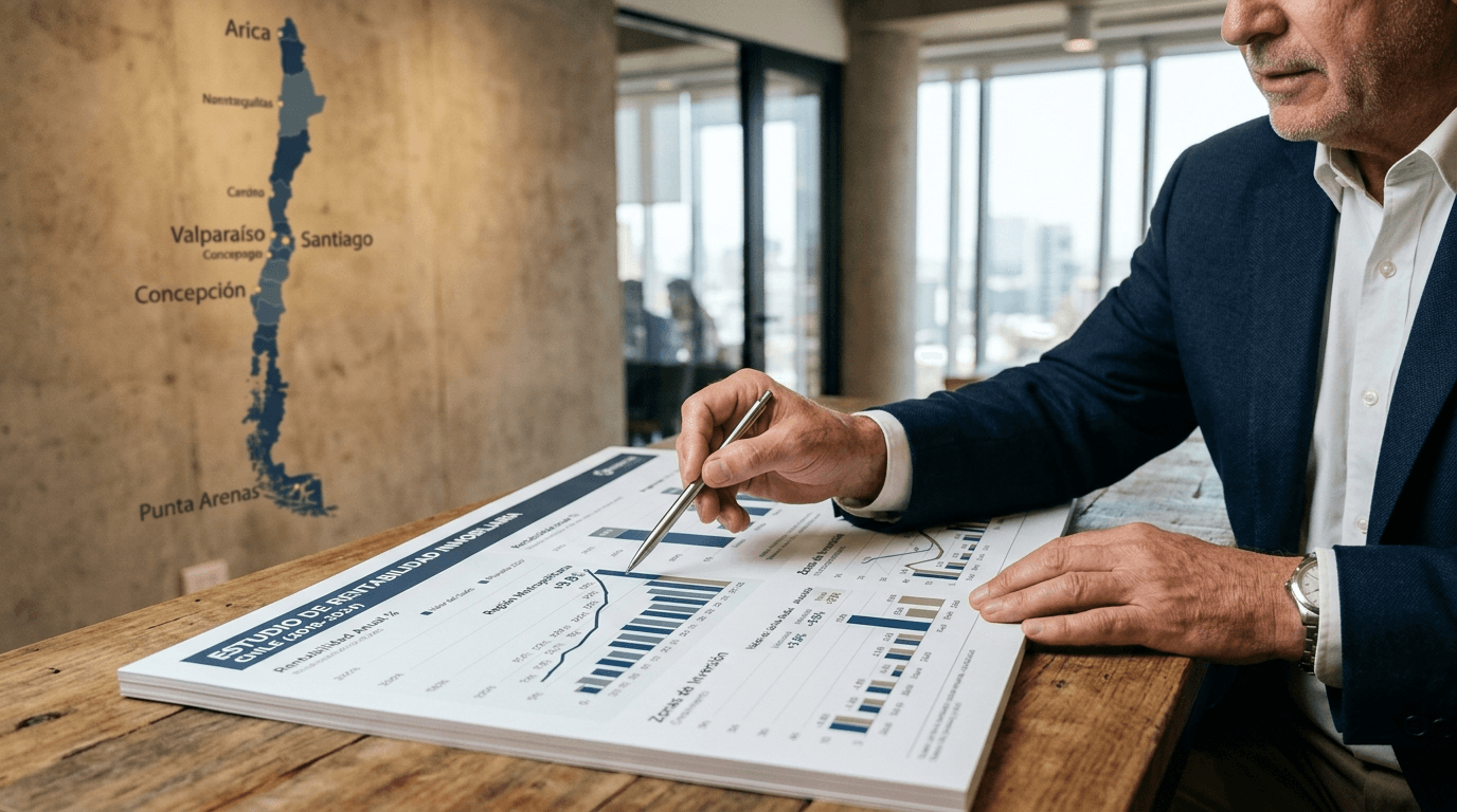 Manos de un experto señalando detalles en un gráfico de rentabilidad inmobiliaria con un mapa de Chile de fondo, ambiente profesional y de confianza.