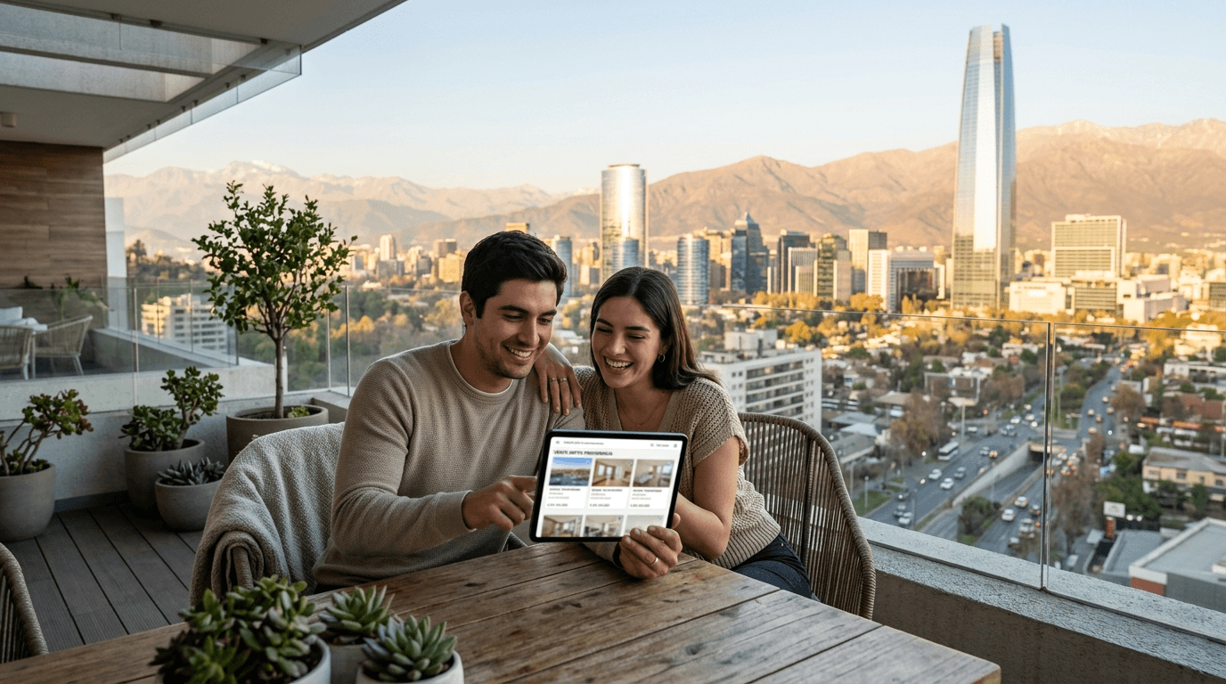 A young, smiling couple looking at a tablet displaying real estate listings, with a modern Chilean city skyline in the background, symbolizing smart investment and future planning. Focus on aspirational, confident mood.