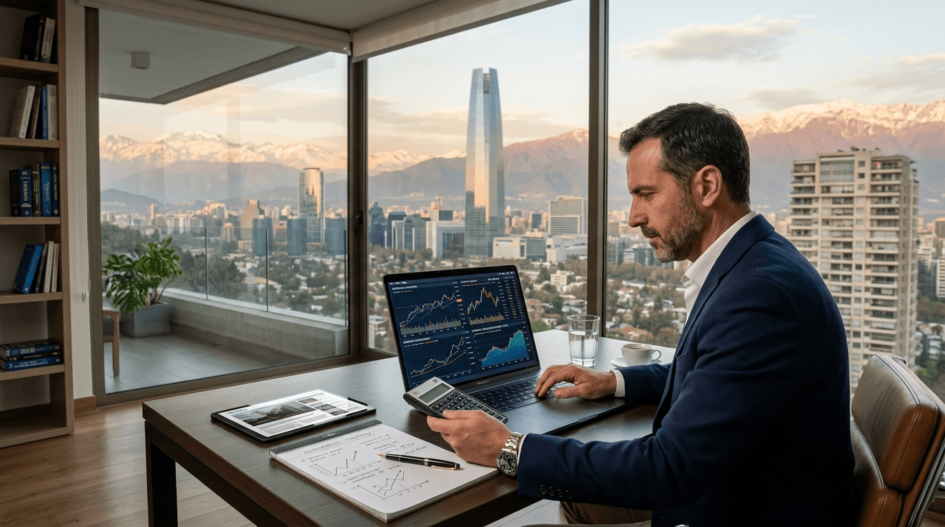 A professional investor analyzing financial charts and a calculator, with a modern apartment building in Santiago, Chile, visible in the background. Emphasize data, growth, and smart investment decisions.