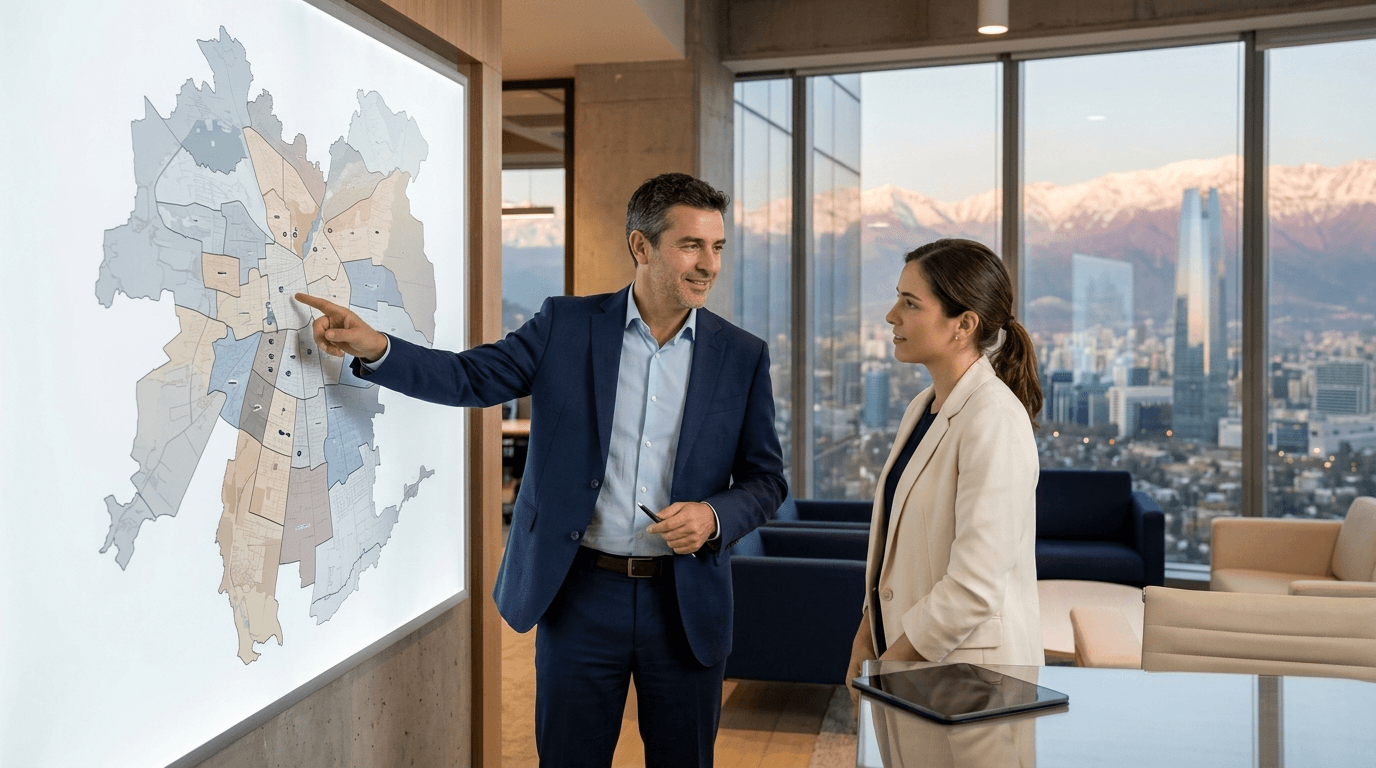 Profesional asesorando a inversionista frente a mapa de propiedades en Santiago, Chile, con gráficos de rentabilidad y un estilo moderno y financiero.