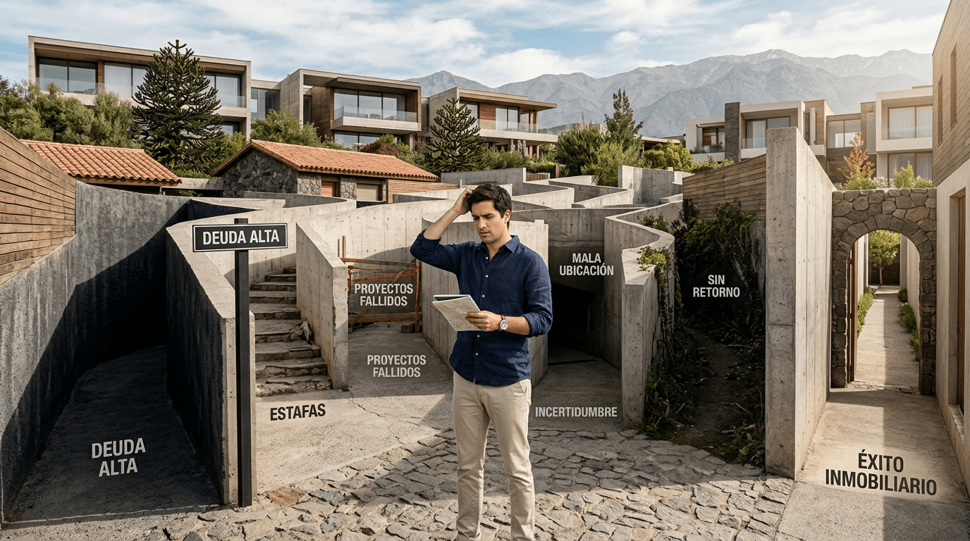 A confused beginner investor (person) standing at a crossroads or maze, symbolizing common pitfalls in real estate investment in Chile, with subtle Chilean architectural elements in the background. Emphasize confusion, risk, and a path to clarity.