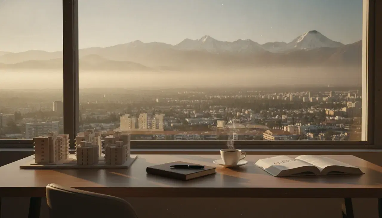 Escritorio con maqueta de edificios, libreta, café y un libro abierto frente a una ventana con vista a Santiago y la cordillera de los Andes al amanecer