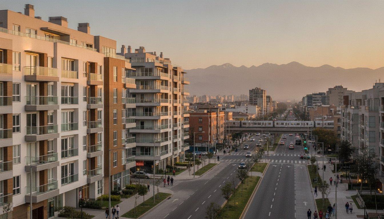 Edificios residenciales y metro elevado en avenida de Santiago al atardecer, con la cordillera de los Andes al fondo