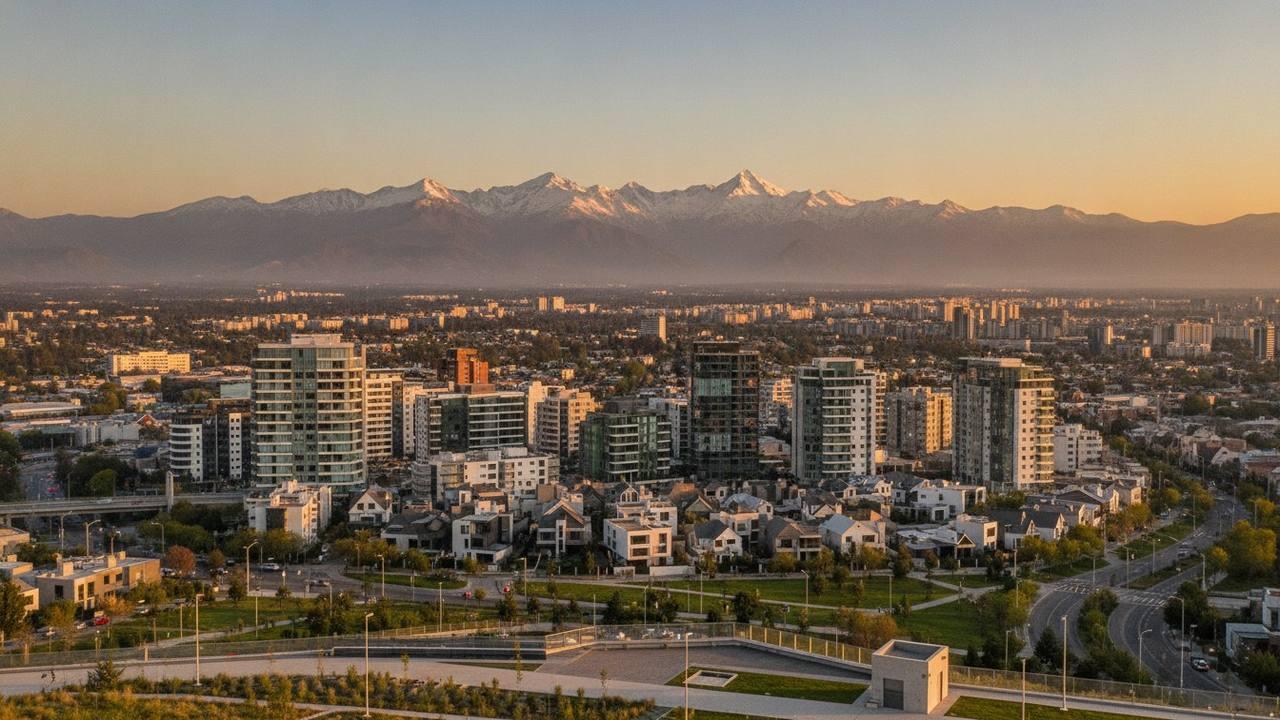 Skyline de Santiago al atardecer con edificios de departamentos y la cordillera de los Andes