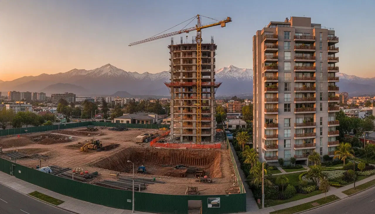 Terreno en excavación, edificio en obra gruesa con grúa y edificio terminado en Santiago, con la cordillera de los Andes al atardecer