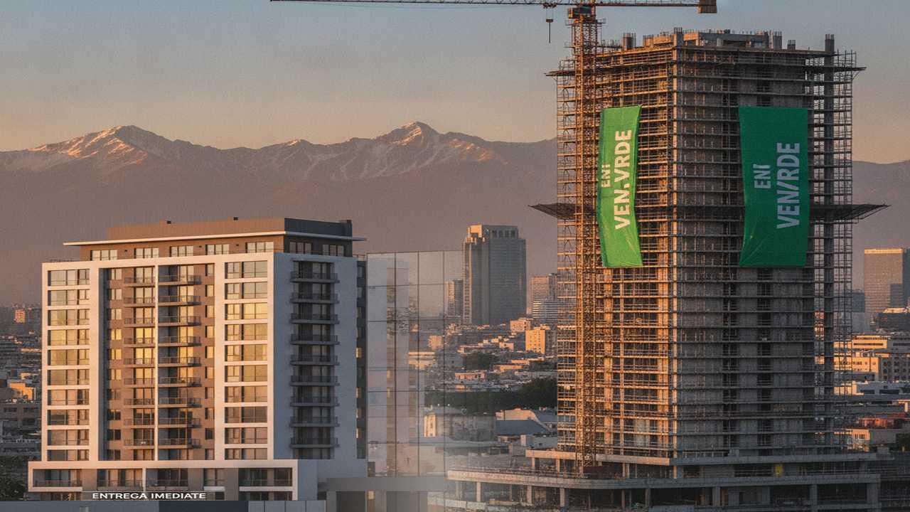 Contraste entre departamento nuevo con entrega inmediata y proyecto en verde en Santiago con la cordillera al fondo