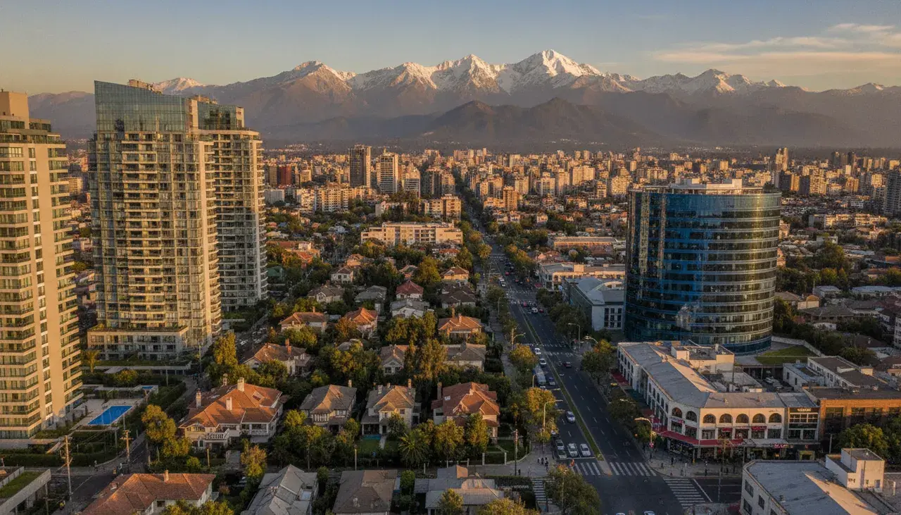 Vista aérea de un barrio de Santiago con torres de departamentos, casas, locales comerciales y oficinas frente a la cordillera de los Andes al atardecer