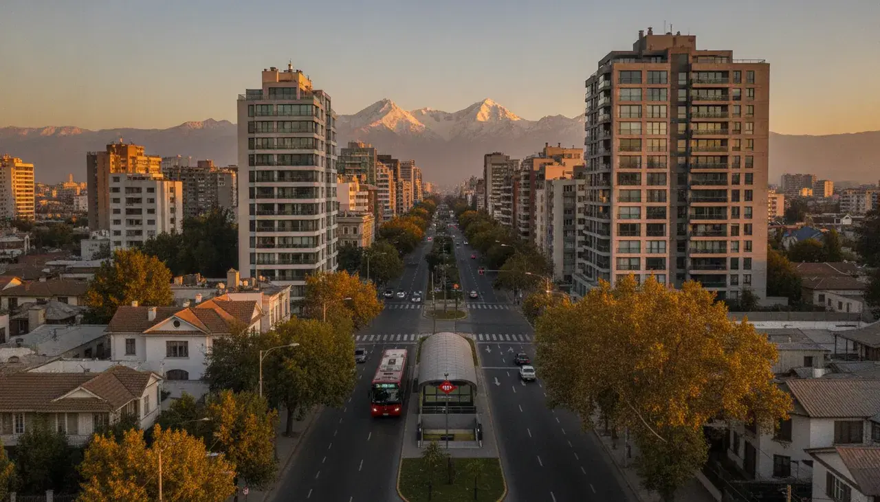 Avenida con paradero de buses y edificios de departamentos junto a casas bajas en La Cisterna, con la cordillera de los Andes al atardecer