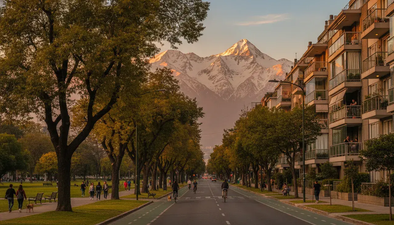 Calle arbolada con ciclovía, parque y edificios residenciales en Santiago, con la cordillera de los Andes nevada al atardecer