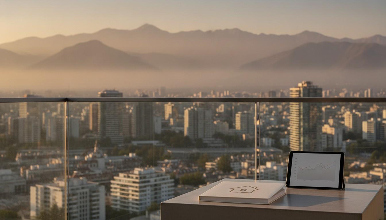 Skyline de Santiago con la Cordillera de los Andes al atardecer y, en primer plano, una metáfora suave de crédito hipotecario y financiamiento habitacional.