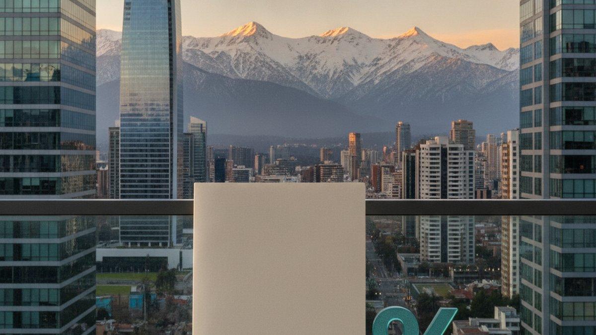 Departamentos en Santiago con la Cordillera de los Andes al atardecer y, en primer plano, un documento en blanco junto a un símbolo de porcentaje que evoca la exención temporal de IVA a viviendas nuevas.