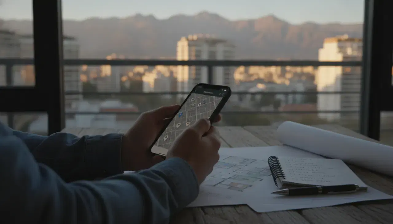 Persona revisando en su celular un mapa con propiedades marcadas junto a un plano de departamento y una libreta, con edificios de Santiago y la cordillera de los Andes al atardecer