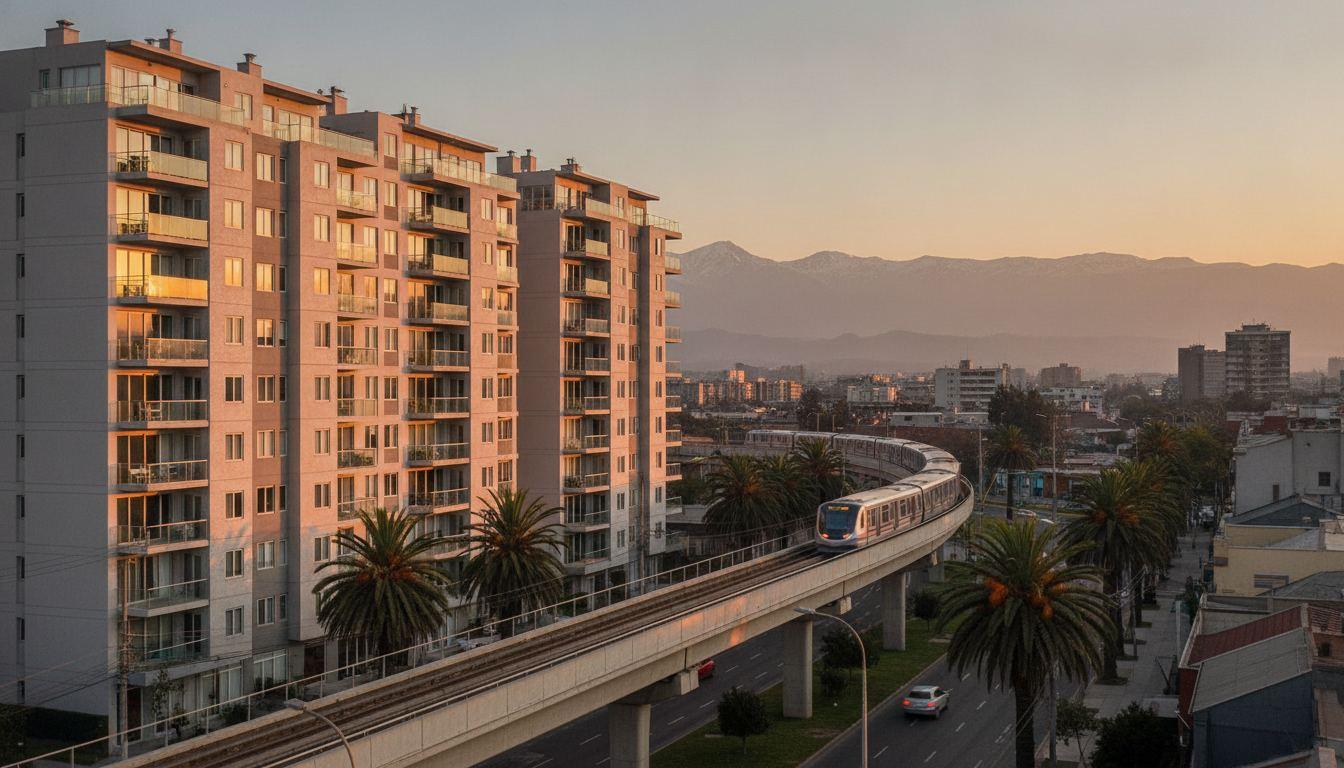 Edificios residenciales y metro elevado en Santiago al atardecer, con la cordillera de los Andes al fondo