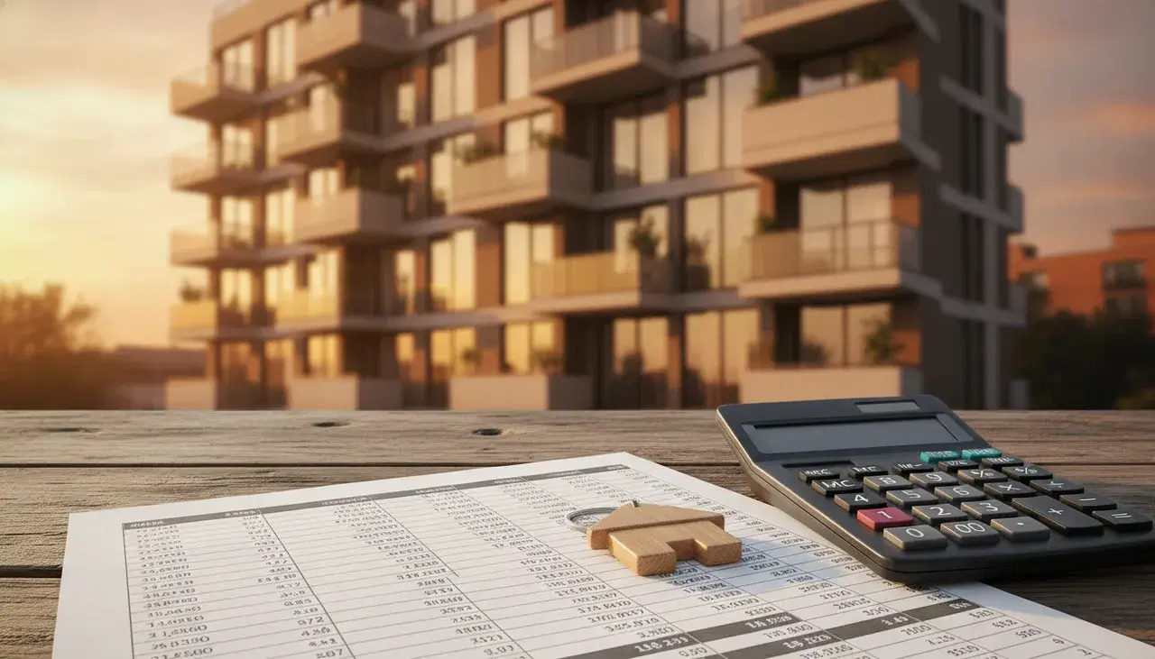 Edificio de departamentos al atardecer y, en primer plano, una planilla con cifras, una calculadora y un llavero con forma de casa sobre una mesa de madera