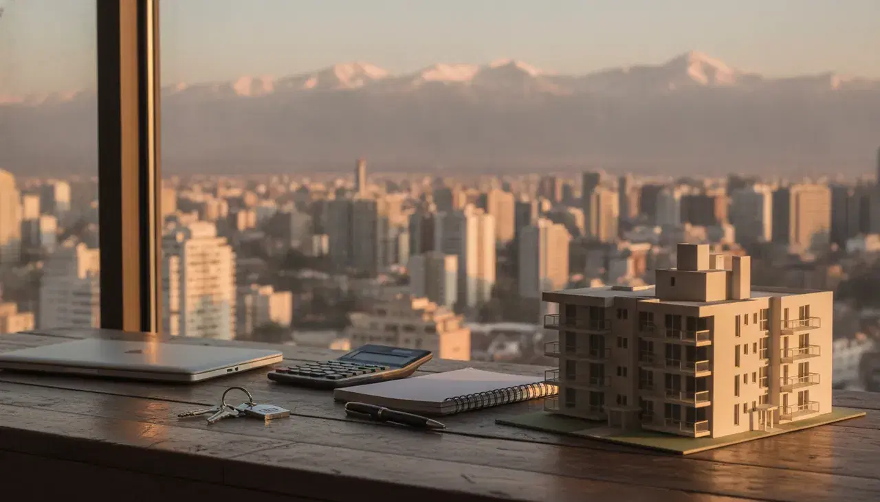Escritorio con llaves, calculadora, libreta y maqueta de un edificio de departamentos frente a una ventana con vista a Santiago y la cordillera