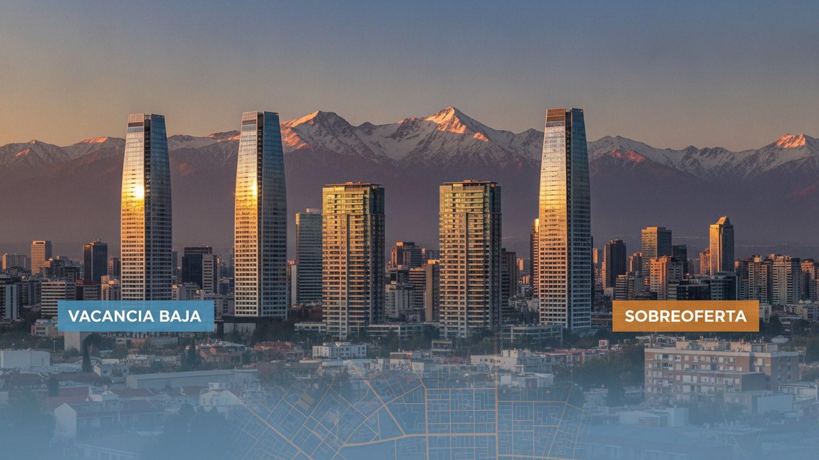 Contraste de vacancia baja en el sector Oriente versus focos de sobreoferta de arriendos en Santiago 2026, con skyline y Cordillera