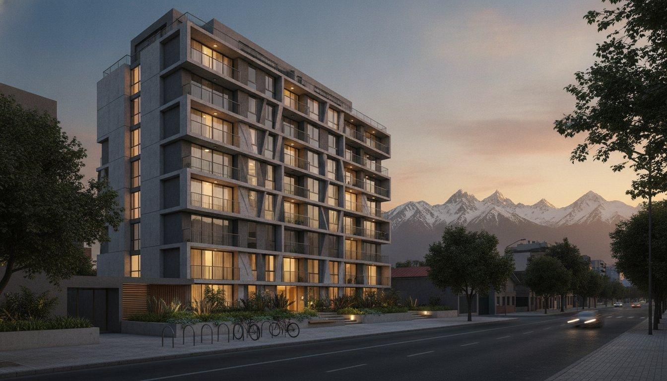 Edificio multifamily de departamentos en arriendo en Santiago al atardecer, con la Cordillera de los Andes nevada de fondo