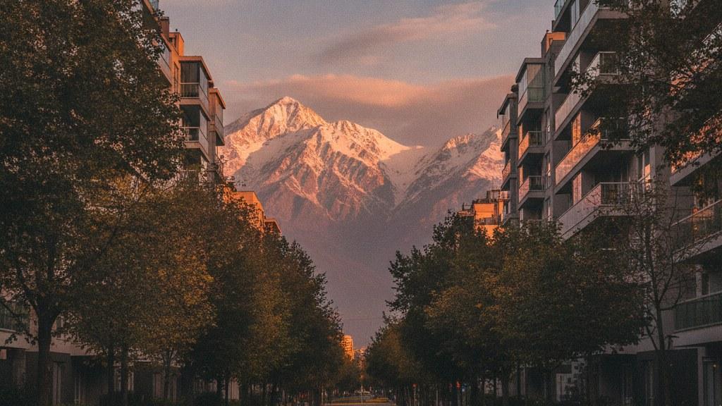 Edificios de departamentos en una calle arbolada de Santiago al atardecer, con la cordillera de los Andes nevada al fondo