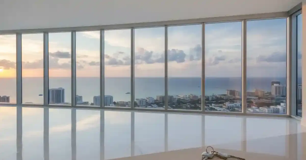 Departamento de lujo vacío con ventanales y vista al mar y a los edificios de Miami al atardecer, con unas llaves en primer plano